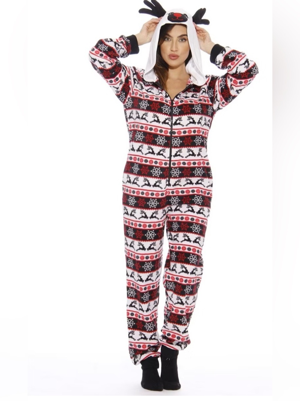 JUST LOVE RED BLACK WHITE REINDEER HOLIDAY FLEECE HOODED JUMPSUIT PAJAMAS MEDIUM
